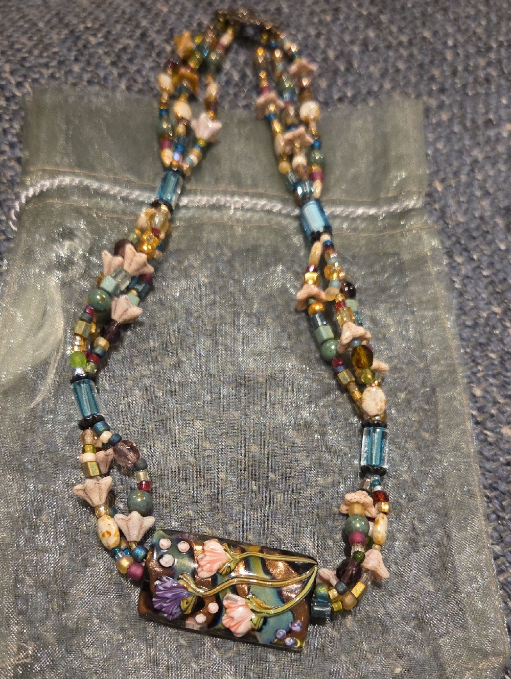 Handcrafted Multicolor Floral Beaded Necklace - Blue Accent